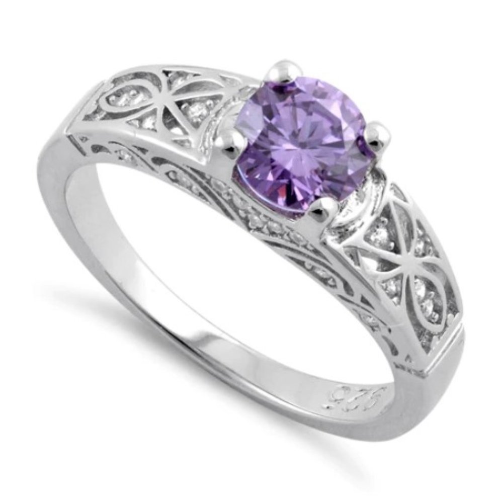 925 STERLING SILVER Round Cut Simulated Amethyst Cubic Zirconia Ring - Picture 13 of 16